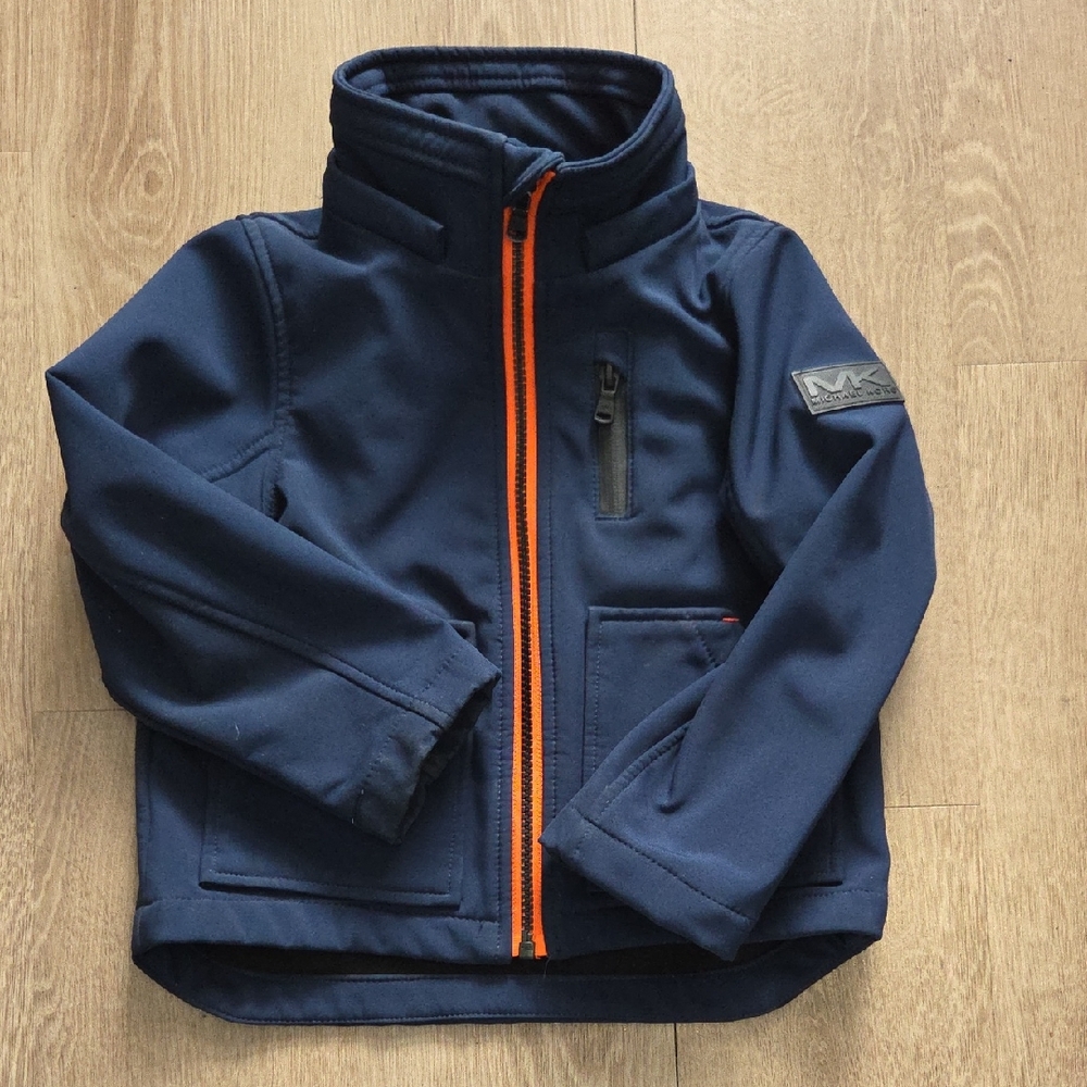 Michael Kors Kids Dark Blue Raincoat with Bright Orange Zipper